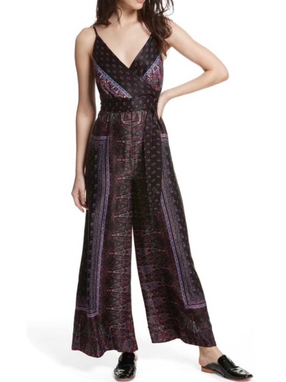 FREE PEOPLE PRINTED WRAP-EFFECT JUMPSUIT